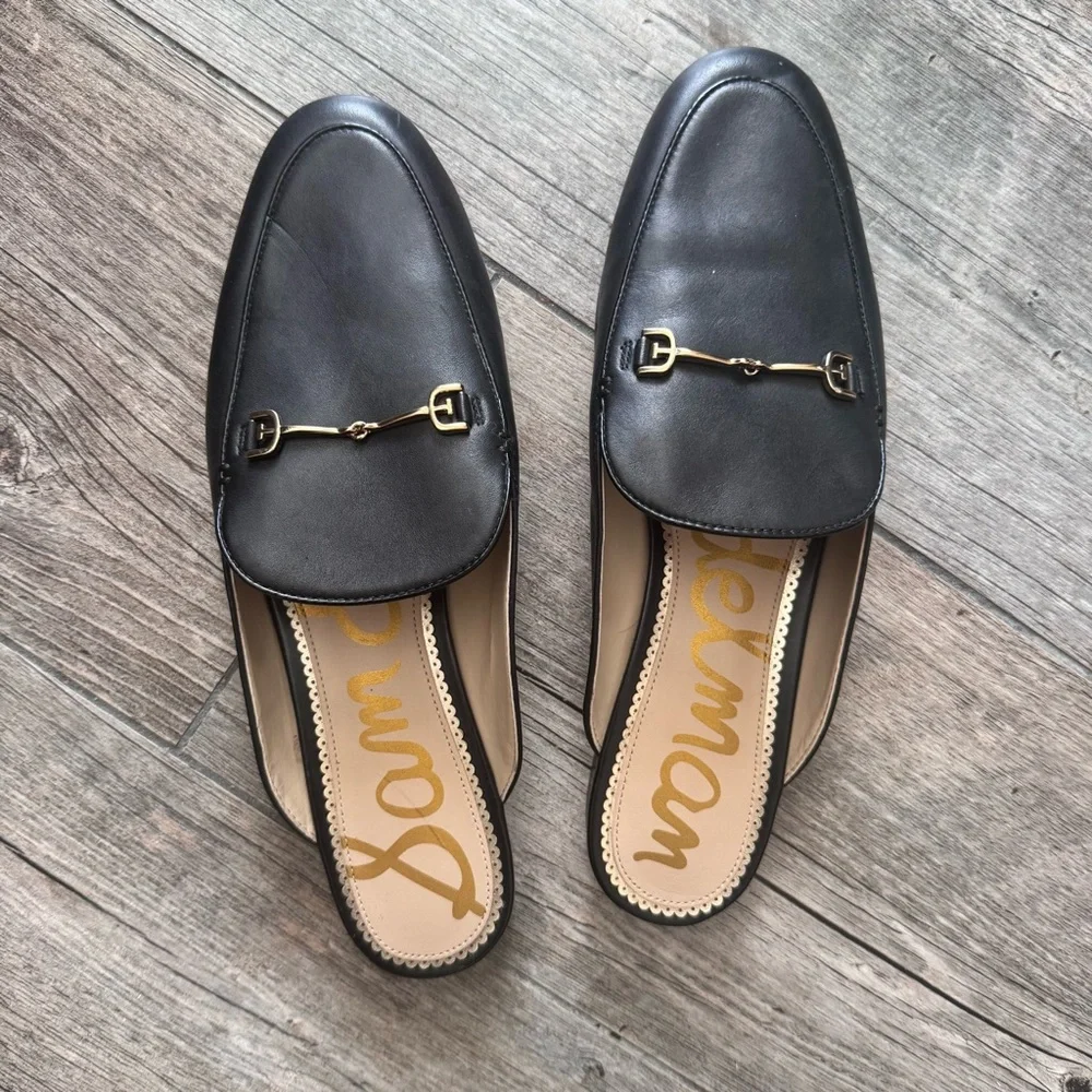 Sam Edelman Black Leather Mules with Gold Accent - Picture 1 of 2